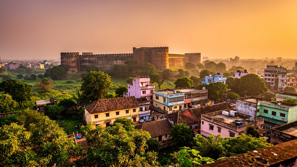 Panoramic view of Ahilyanagar (Ahmednagar) with historic fort at golden hour
