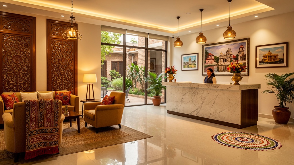Modern hotel lobby with traditional Indian decor elements in Ahmednagar Maharashtra