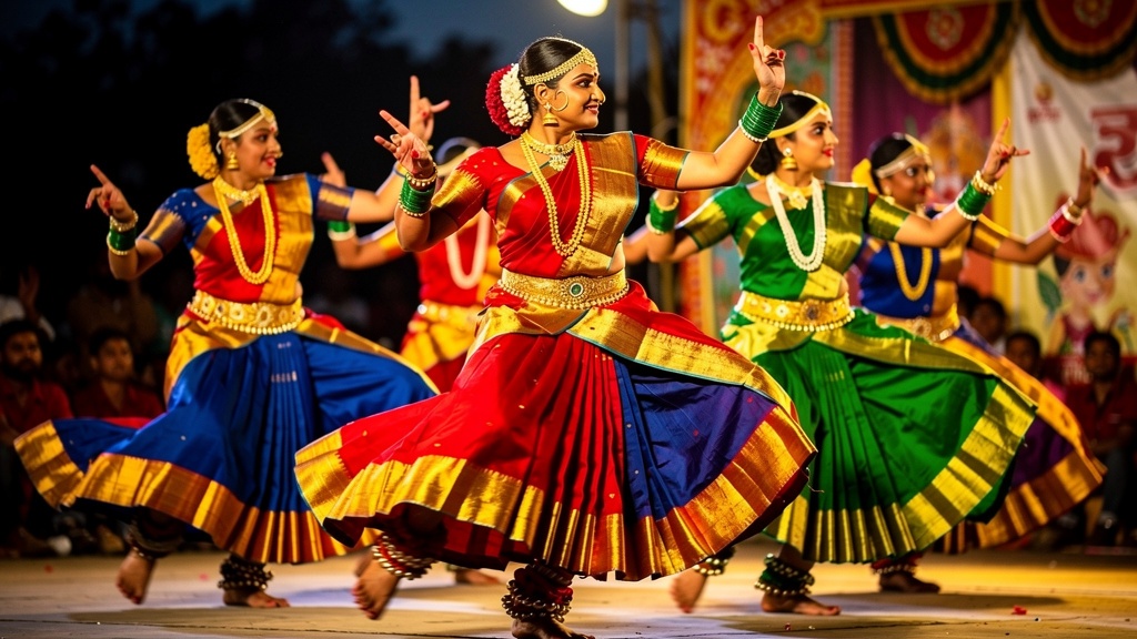 Maharashtra Lavani dance performers in traditional vibrant costumes at Ahilyanagar cultural festival