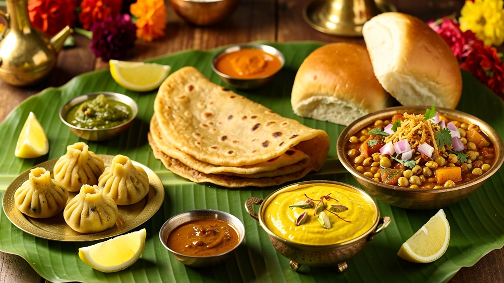 Traditional Maharashtra cuisine spread including Misal Pav Puran Poli and regional dishes on banana leaf