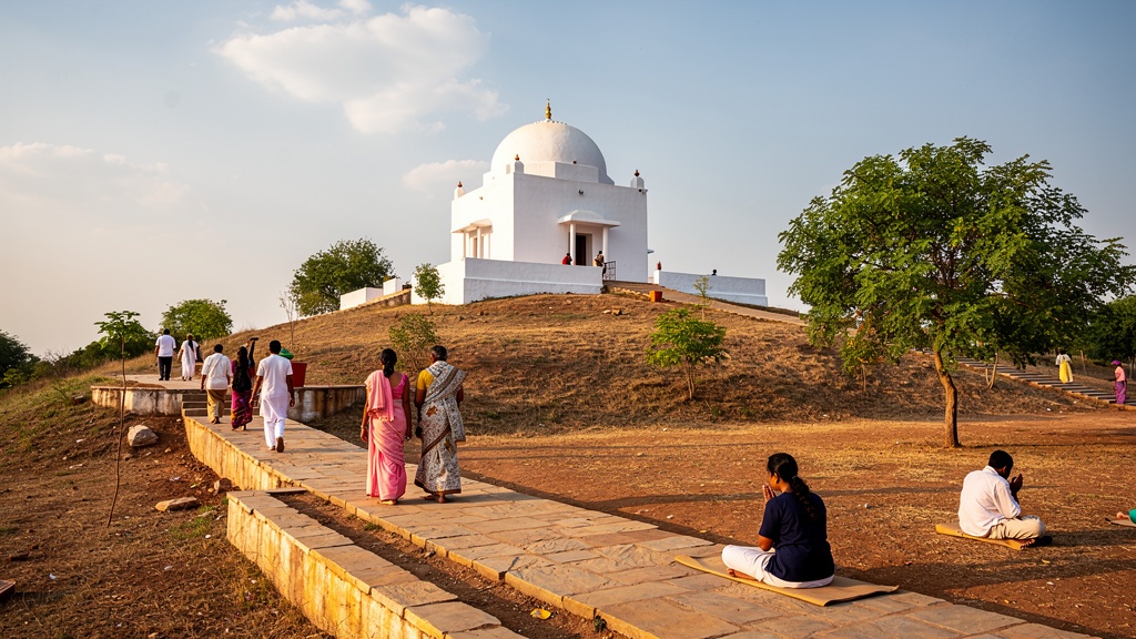 Meherabad shrine and tomb in peaceful hillside setting